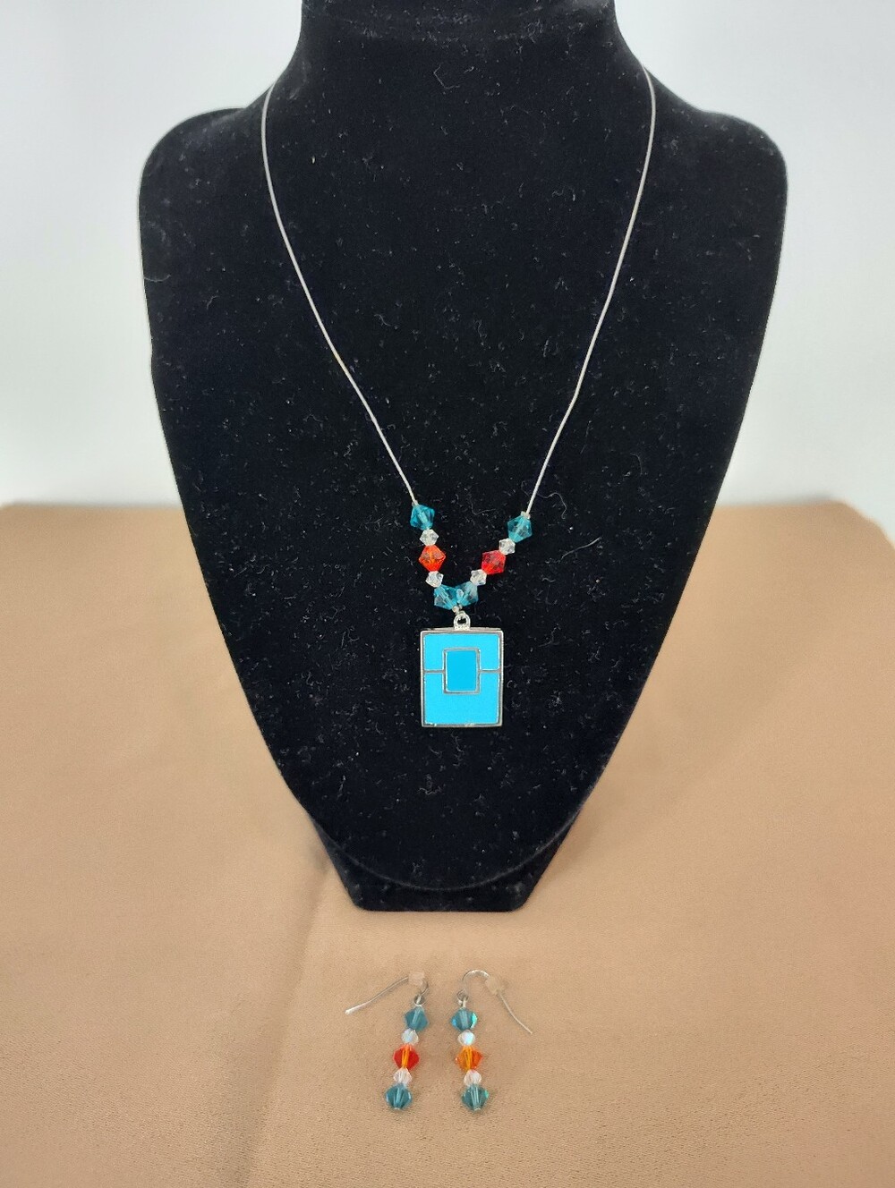 Turquoise Pendant Necklace and Earrings Set - Blue and Orange Beaded Jewelry